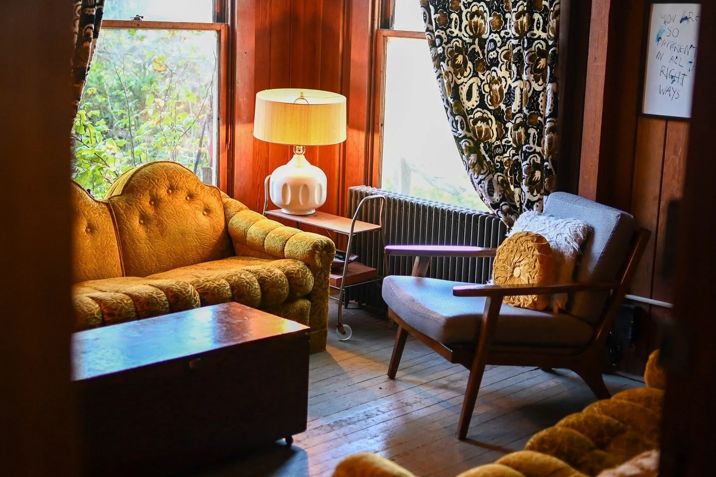 Our velvet lounge is always open for guests who wanna read, chat, play board games, or watch a VHS flick. souwesterlodge.com