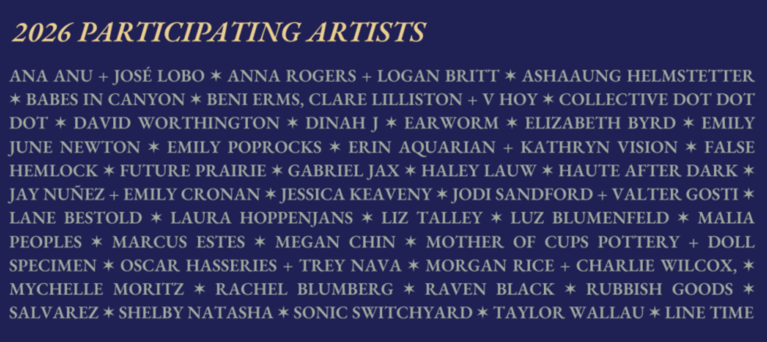 List of 2026 participating artists including names such as Ana Anu, Jose Lobo, Anna Rogers, Logan Britt, Ashaung Helmstetter, and others, displayed in light purple text on a dark blue background.