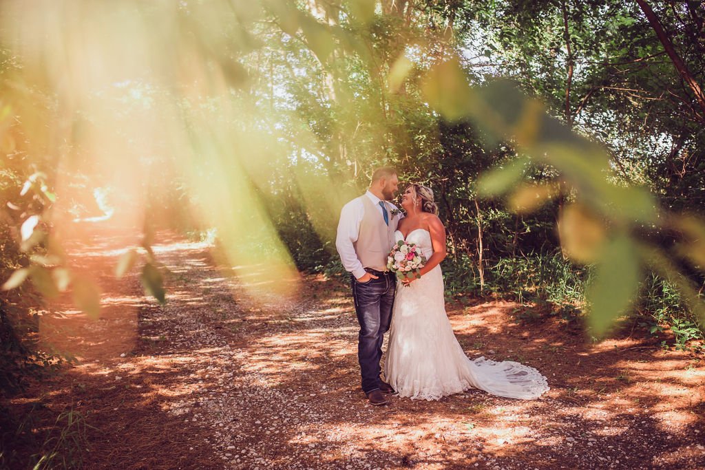 Bride and groom kissing in sunlight 