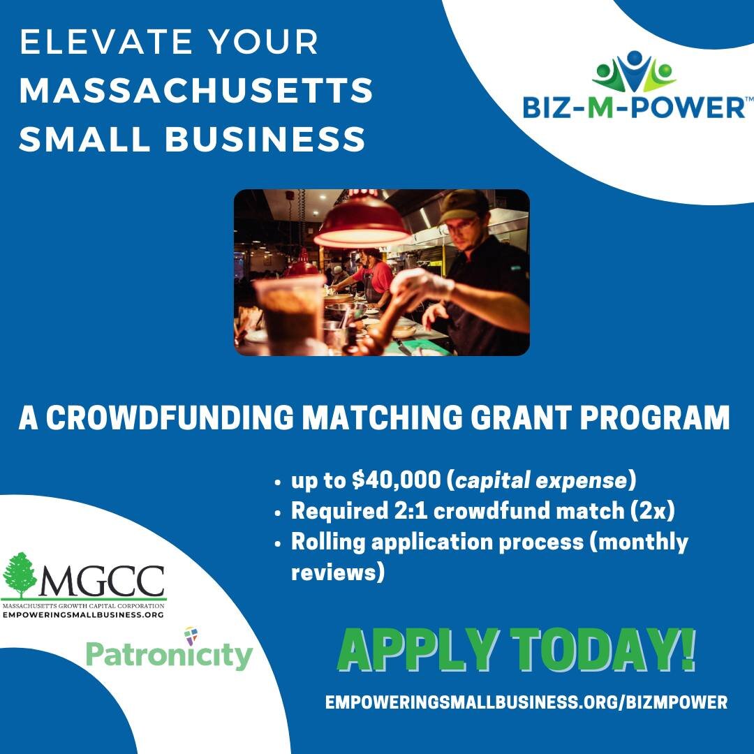 The Biz-M-Power crowdfunding matching grant program offers small businesses in Massachusetts financial assistance with their acquisition, expansion, improvement, or lease of a facility, purchase or lease of equipment, or meeting other capital needs f