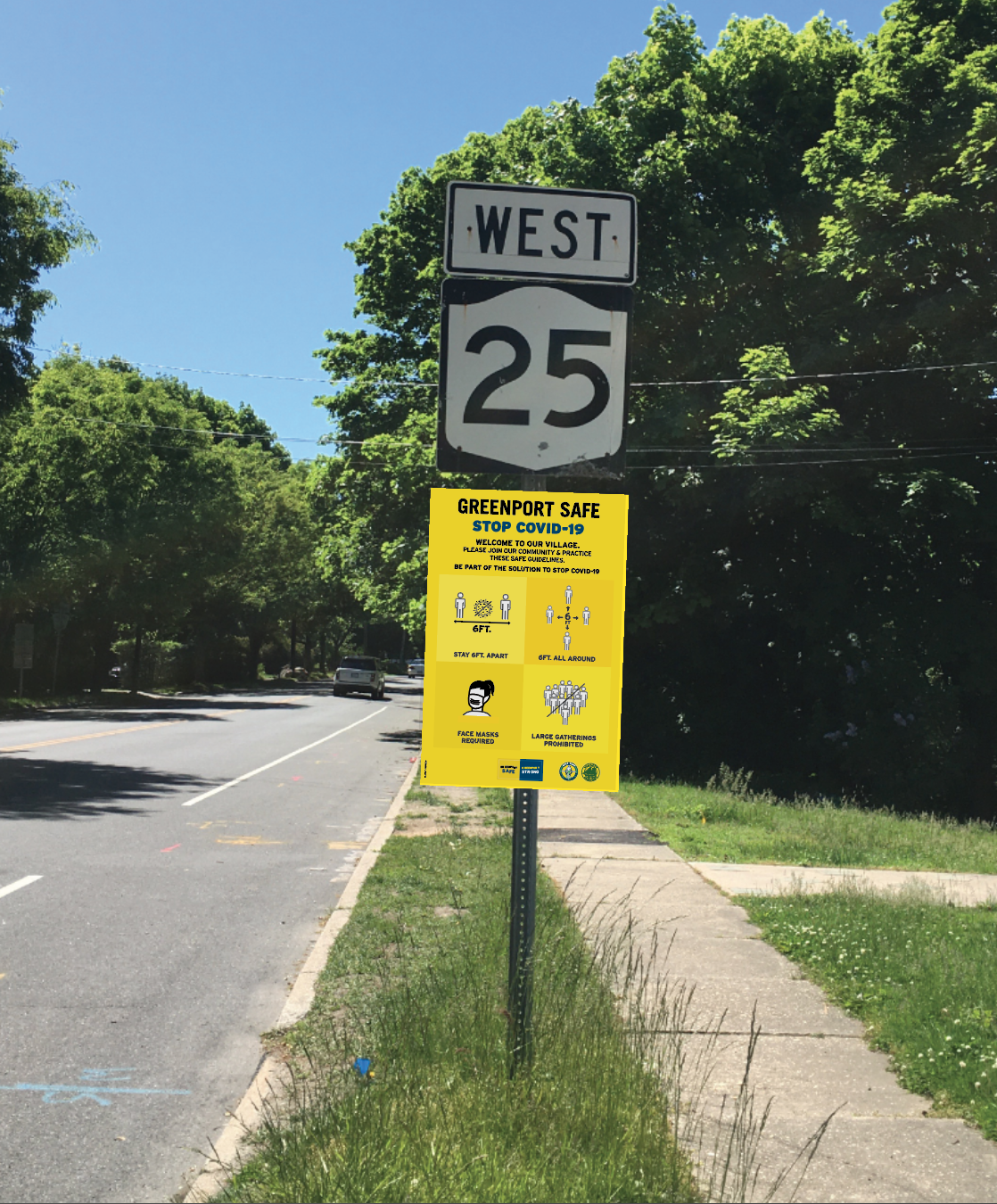 Village of Greenport Covid Signage: Greenport was among the first pandemic hotspots. rda designed signage and banners posted around town to inform and engage the community.