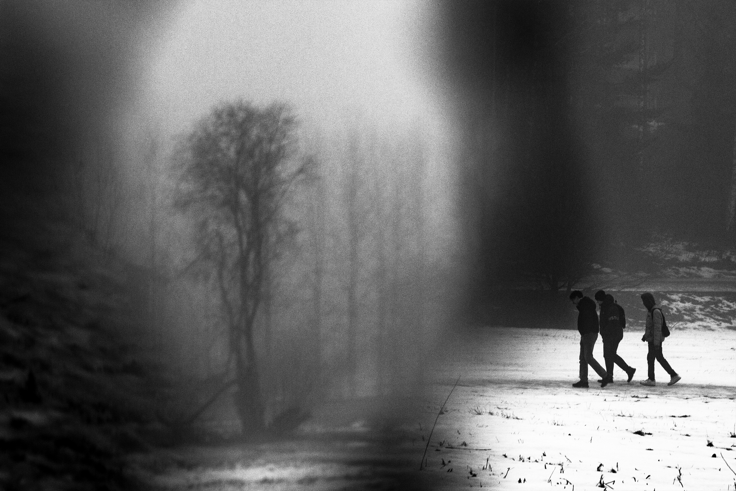 Three people walking on snow-covered ground near trees, with foggy or misty atmosphere, in black and white.