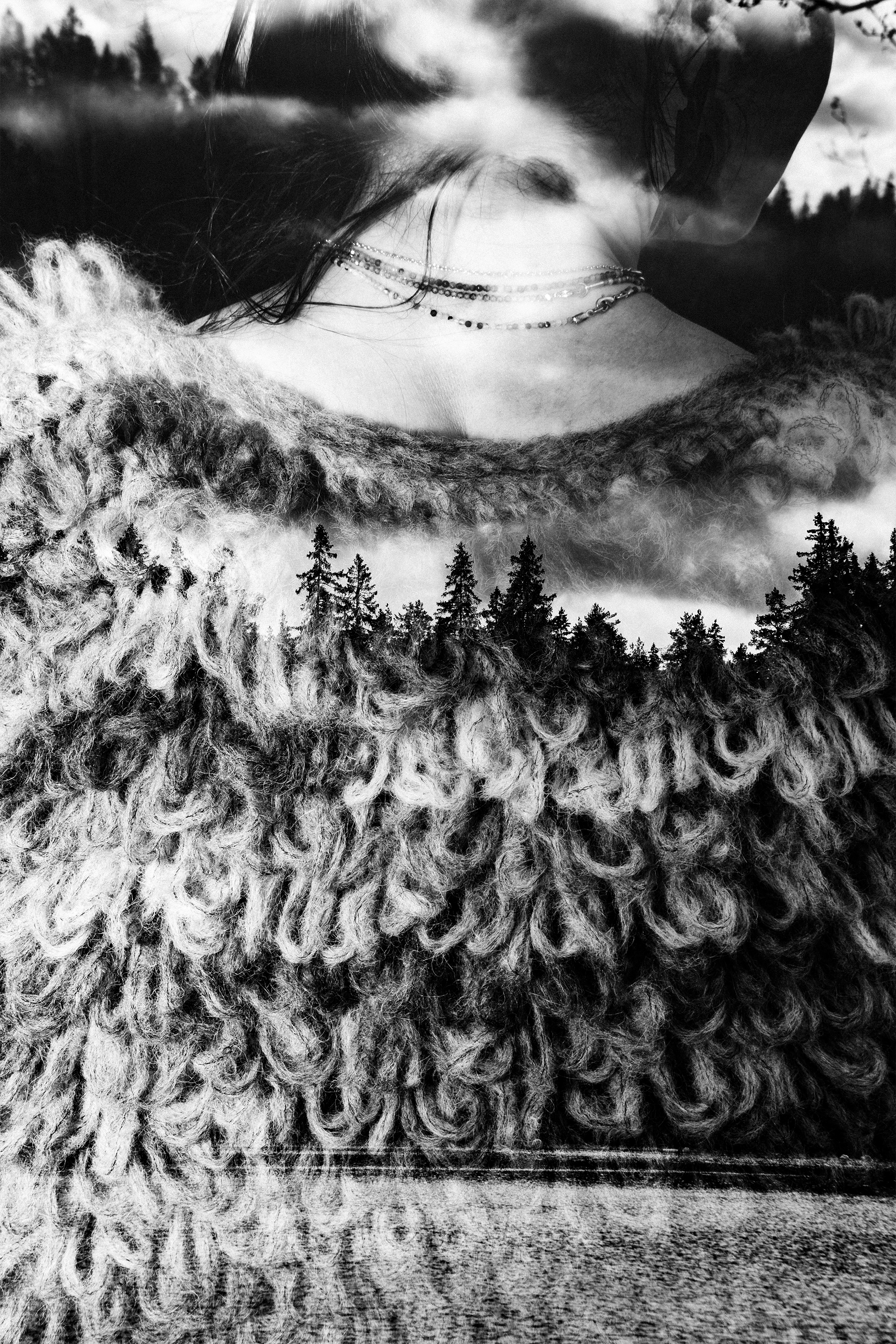 A double exposure black and white photo combines a person's profile with long dark hair, layered over a landscape of a cloudy sky, forest trees, and a sandy beach or riverbank with trees.