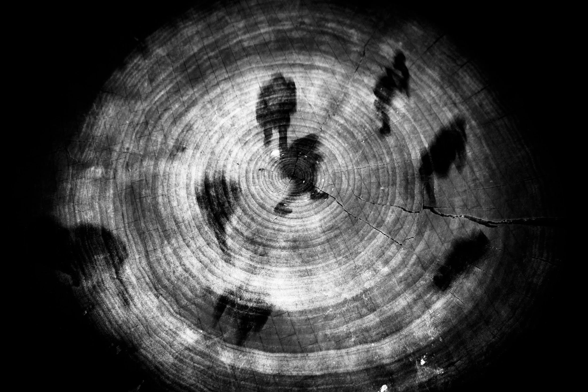 Annual Rings - in-camera double exposure of tree trunk and people circling its growth rings