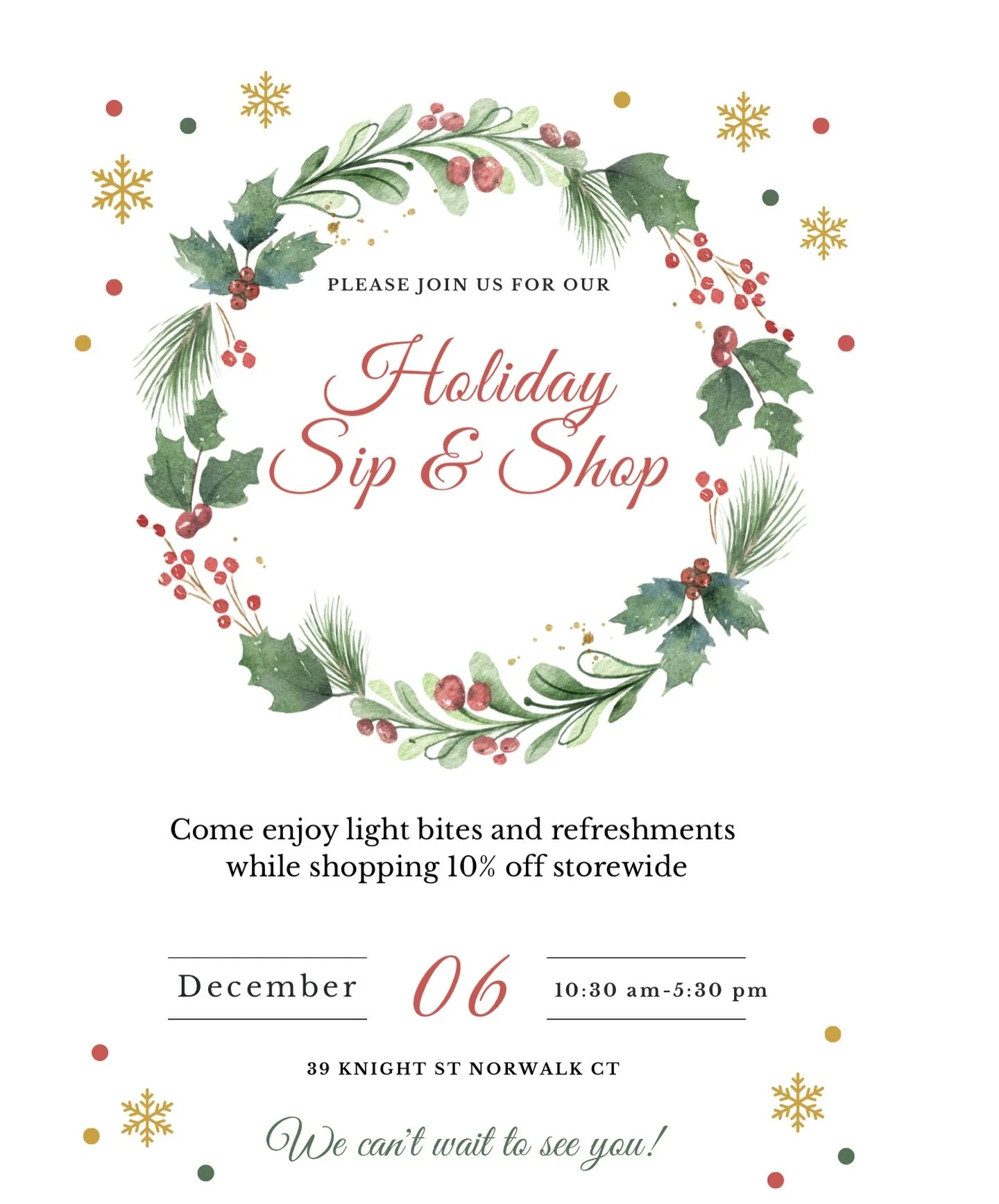 Join us on Saturday for our annual Holiday Sip &amp; Shop 10:30 am-5:30 pm! Enjoy light bites and sips while shopping 10% off storewide. Please support our incredible local vendors and shop small this holiday season 🦌🎄🥂🎁