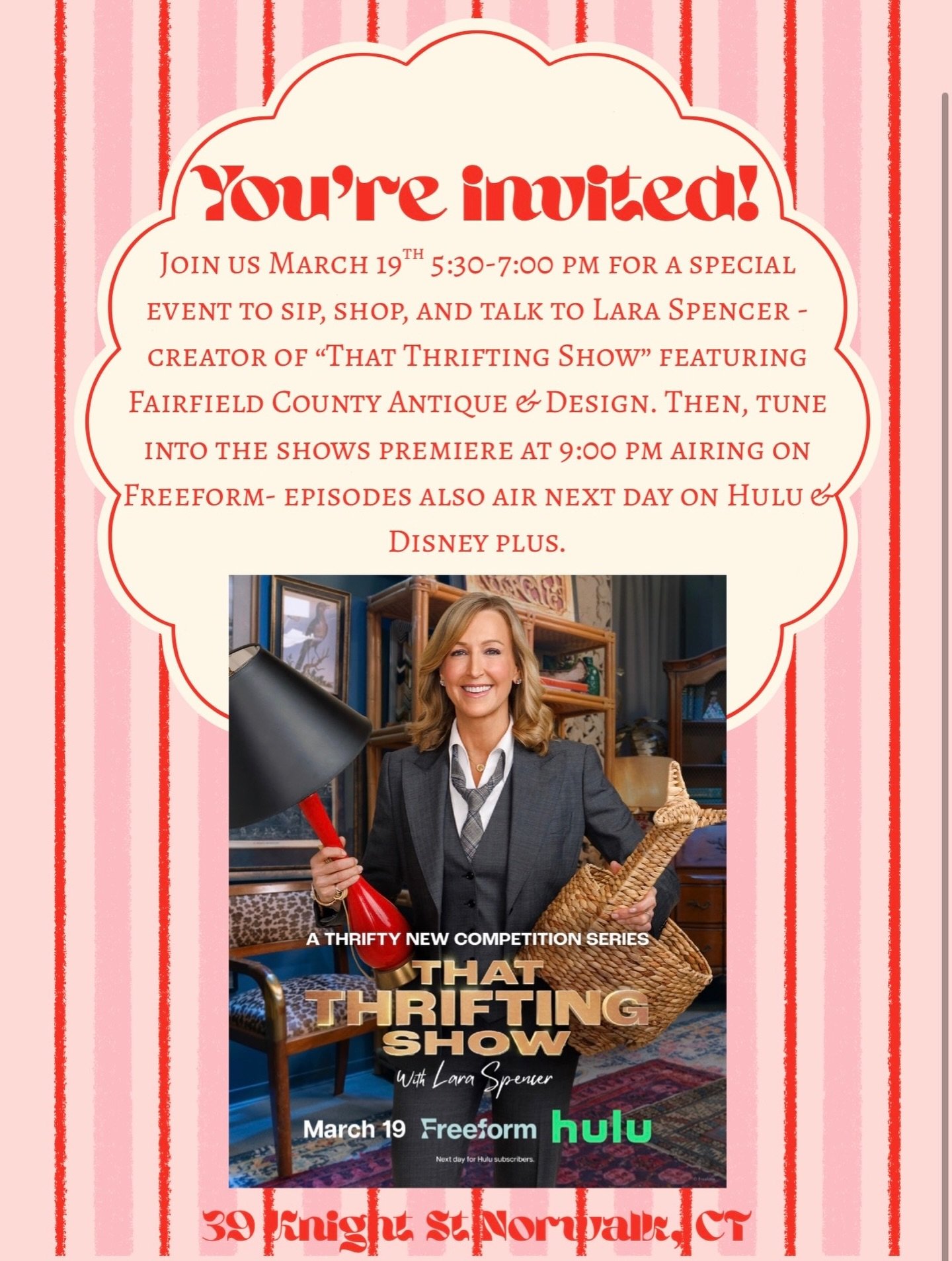 Join us for an exclusive after-hours event on March 19th, 530-7 pm, featuring Lara Spencer, creator of "That Thrifting Show". Enjoy shopping and conversation, then catch the show's premiere on Freeform at 9 pm, with episodes streaming on Hu