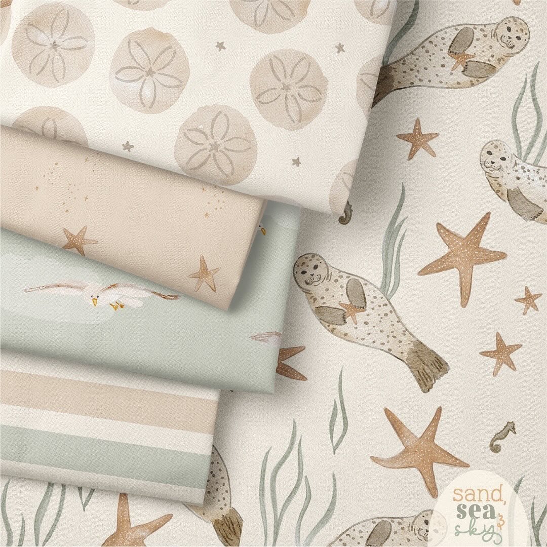 Well it&rsquo;s evening now and it was a long day BUT I got my Sea, Sand &amp; Sky collection up and live today on Etsy (seamless files) &amp; Spoonflower! 🥳 Also super excited to announce that you can find this fabric collection at @carriagehousepr
