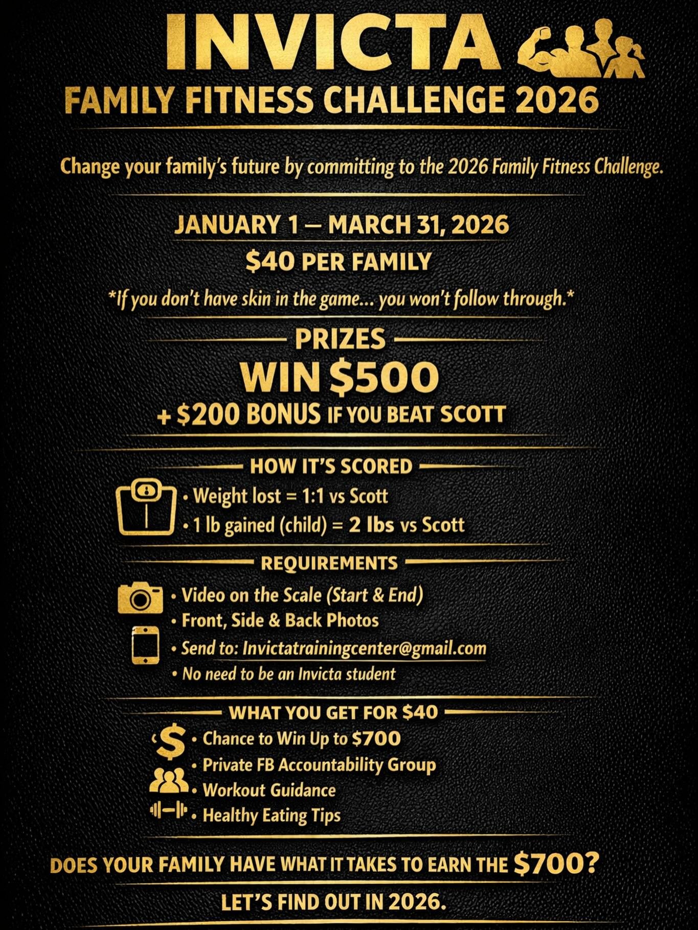 INVICTA FAMILY FITNESS CHALLENGE 2026 💪👨&zwj;👩&zwj;👧&zwj;👦

Change your family&rsquo;s future by committing to the 2026 Family Fitness Challenge.

🗓 January 1 &ndash; March 31, 2026
💵 $40 per family
👉 If you don&rsquo;t have skin in the game&