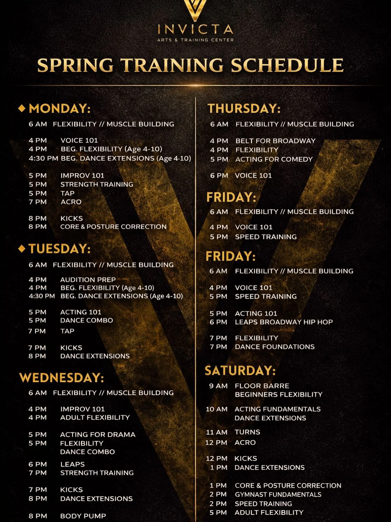 SPRING SCHEDULE✨

Optimize your performance in dance, sports, acting and voice when you schedule training with us this spring! 

Classes have a single purchase option. Save with a class pass.

🩰 DANCE SKILLS CLASSES 
🕺🏼 DANCE COMBO, TAP AND HIP HO