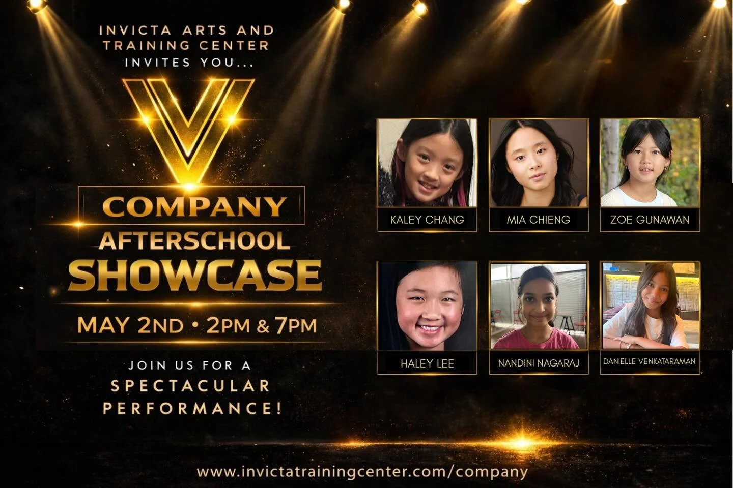 AFTERSCHOOL COMPANY SHOWCASE ✨

MAY 2nd at 2 PM AND 7 PM 

Join us for a SPECTACULAR performance! 

Our Afterschool Company is performing a one of a kind showcase of musical theatre excellence. These songs, scenes and dance pieces are all picked to s