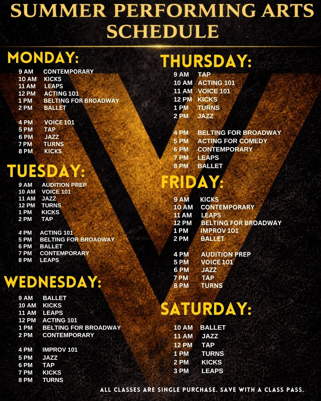 SUMMER SCHEDULE (s) 🔥💯☀️

TWO JAM PACKED CLASS SCHEDULES. 

Performing Arts Training - offering top tier acting, dance styles, dance skills, voice from a former Broadway Industry Performer.

Athletics Training - offering elite athletics training fr