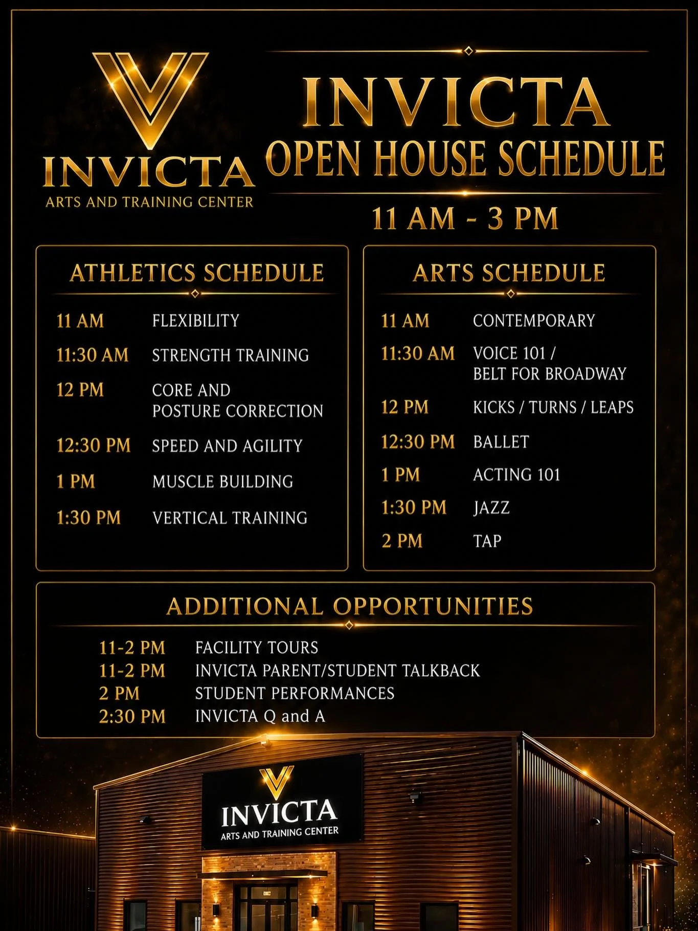 INVICTA OPEN HOUSE 🏠🔥✨

We&rsquo;re moving to our first ever FACILITY! 

MAY 30th 11 AM - 3 PM 

FREE CLASSES 🎶🩰🏋️

BUILDING TOURS 🗺️

PARENT AND FACULTY TALK BACK 📝

STUDENT PERFORMANCES ✨

RSVP BELOW! 

#houstontheatre #houstondance #houston