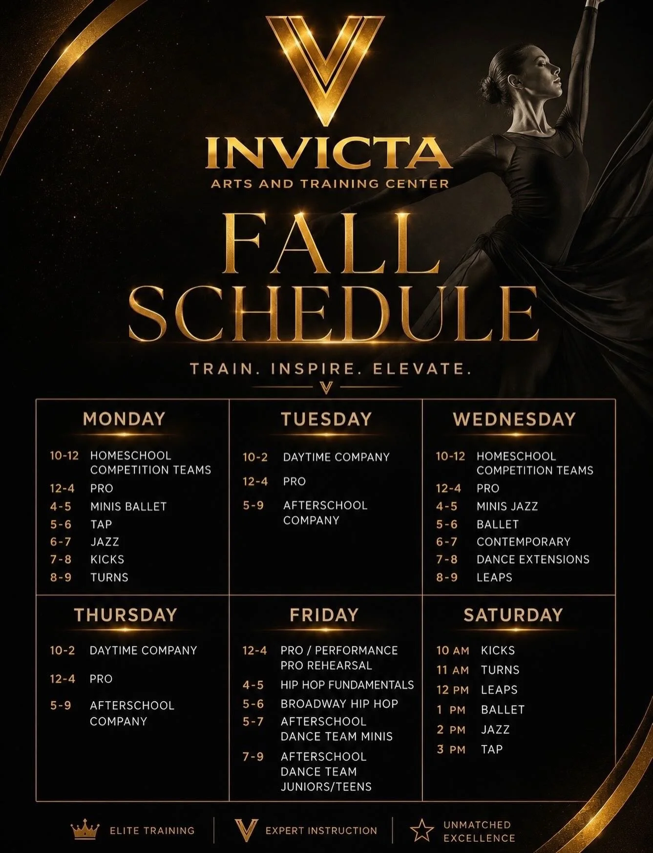 FALL SCHEDULE ✨💃🏼

NEW BUILDING MEANS NEW LEVEL TRAINING

New Classes: 
- MINIS CLASSES (Ages 4-7)
- STYLE CLASSES (Ballet, Jazz, Tap and Contemporary) 
- HIP HOP FUNDAMENTALS with @hydro_mentforfame 
- M/W/F STYLE CLASSES WILL END IN A SPRING RECI