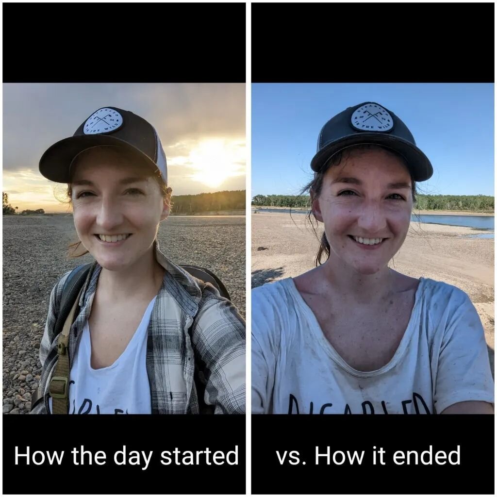 Today is my 33rd birthday and I celebrated *hard* 😂😂

Spending the week at one of my favorite spots on the Yellowstone River 🥳 

.
.
.

ID: Two selfies side by side: on the left, the text says &quot; How the day started&quot; with a photo of Amy s