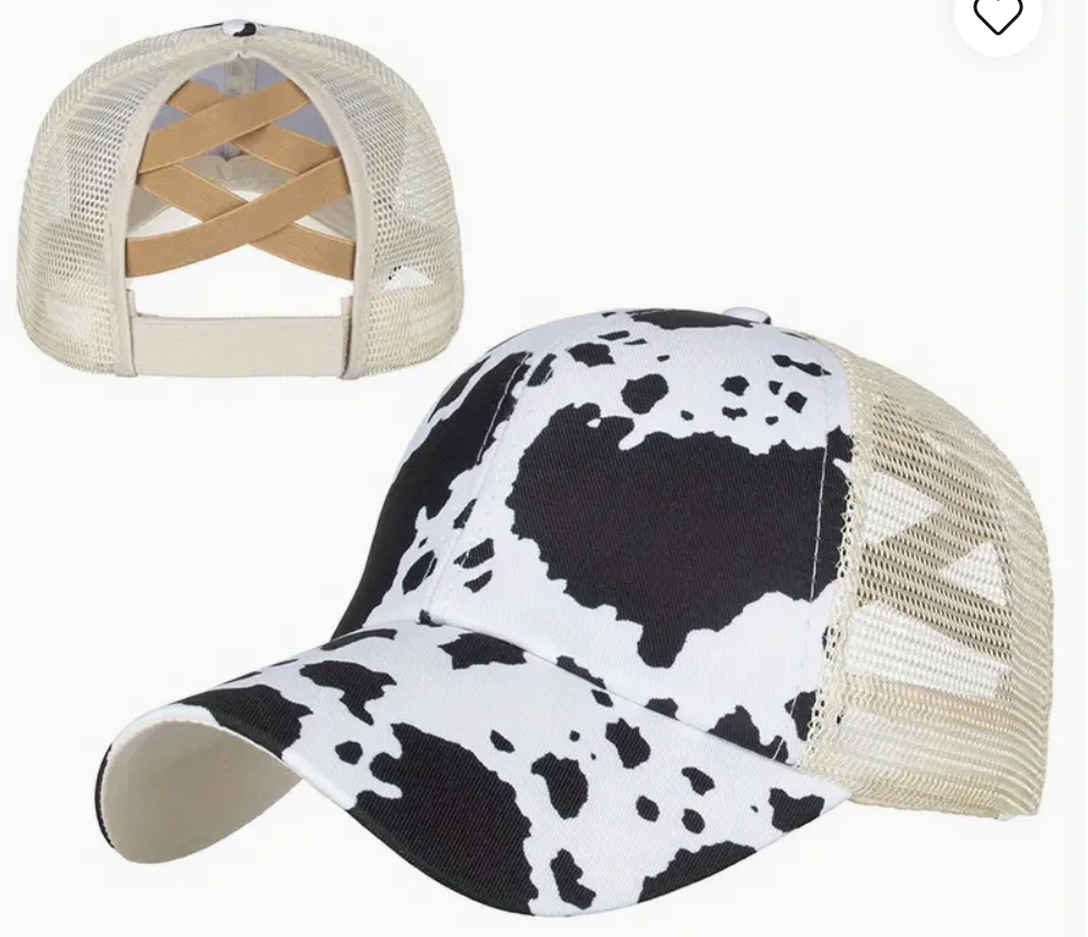 Black Cow Print Trucker Ponytail