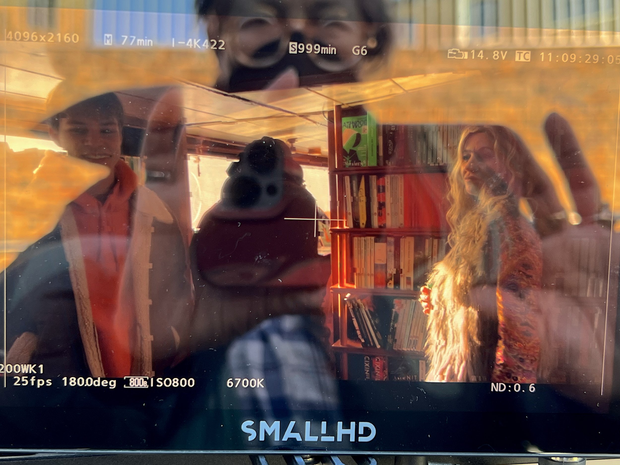 The only way to actually see what was going on was through the monitor which was outside the boat. The inside of the boat, while perfect for shopping for books, is a bit small for a major motion picture. LOL.