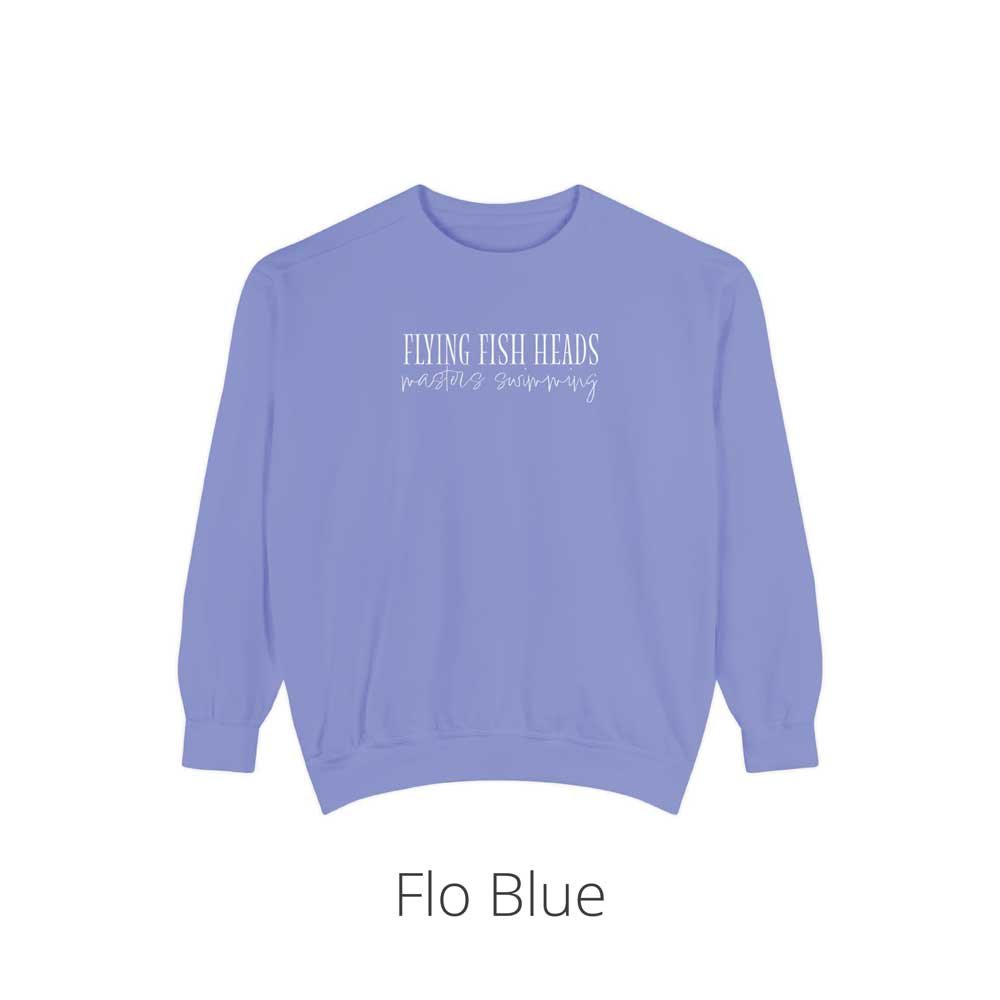 Flo Blue Flying Fish Heads Masters Swimming Comfort Colors Crew, Front