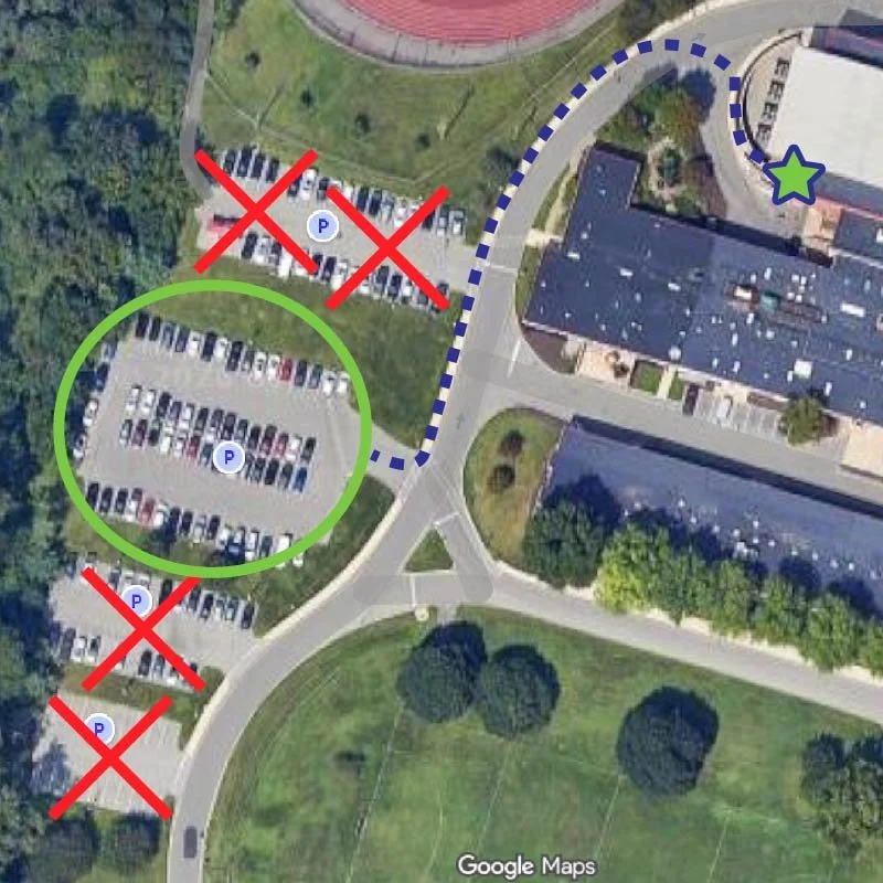 Overhead image of Map featuring four parking lots. The first two have red x's on them. The third is circled in green and the fourth had two red x's. A dark blue dotted line leads to the high school building with a green star