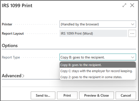 Emailing and printing IRS documents for 1099s in Business Central