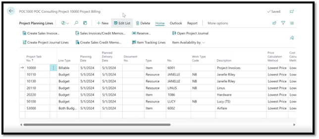 An example of a project planning line in Business Central.