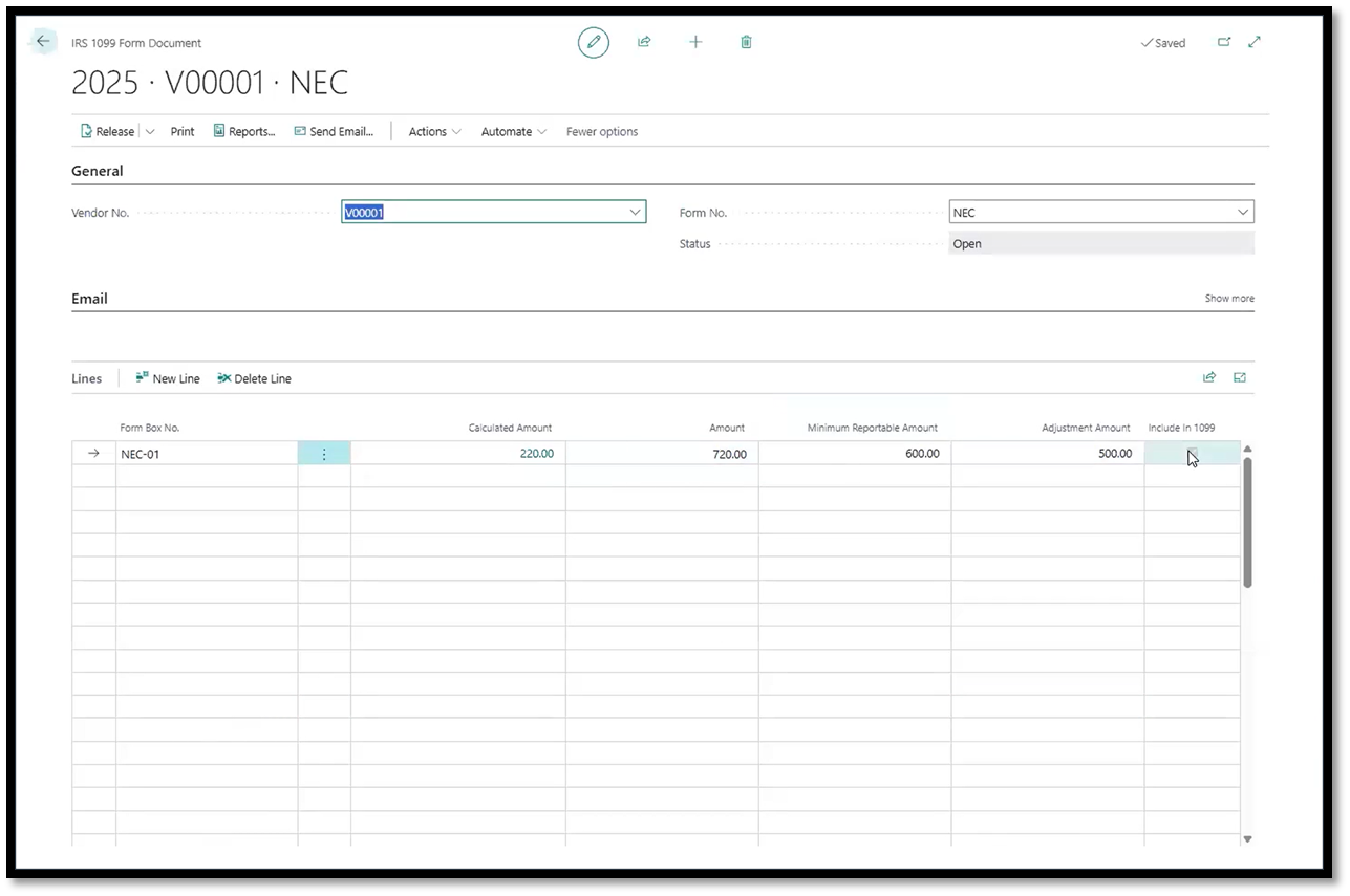 1099 vendor form in Business Central