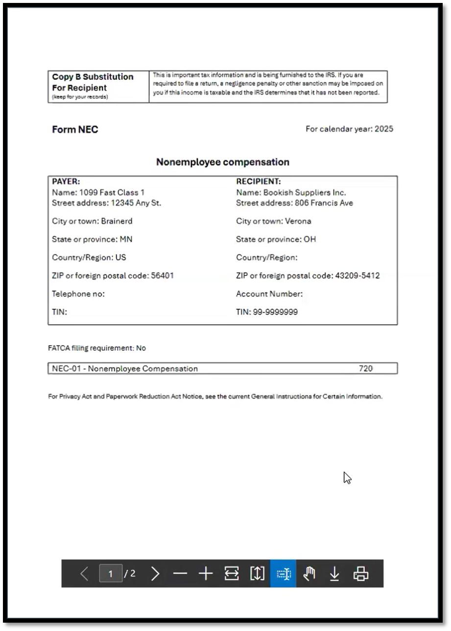 Printing NEC documents for 1099 forms in Business Central