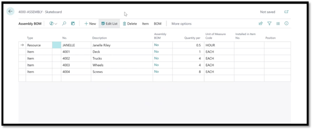 An example of an Assembly BOM in business central for a skateboard