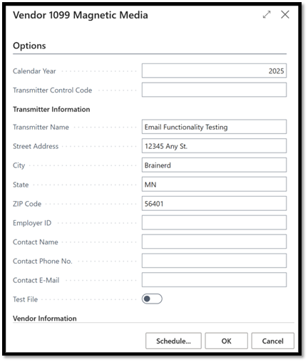 Vendor magnetic media form to submit 1099 to IRS in Business Central