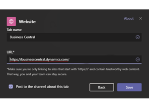 Enter the URL of your Business Central tenant to easily connect Teams to your workspace