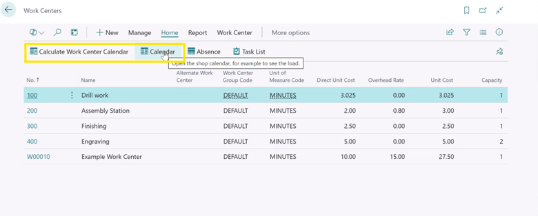 Image of the calculate work center calendar in business central.