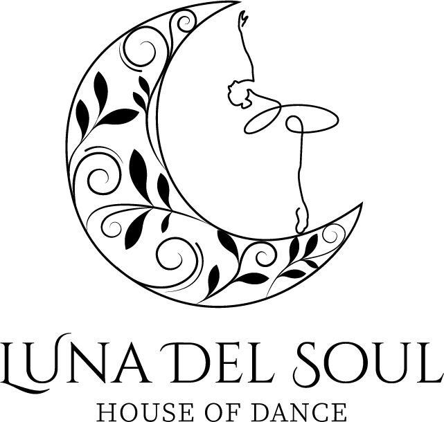 Stylized black and white image of a crescent moon with floral and swirl patterns, a silhouette of a woman's face in profile, and the text 'LUNA DEL SOUL HOUSE OF DANCE' below.