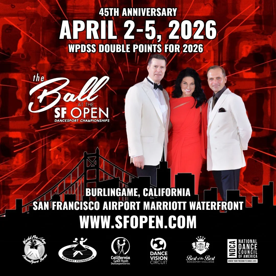 Poster advertising the 45th anniversary of the SF Open dance sport championships, happening April 2-5, 2026 at the San Francisco Airport Marriott Waterfront in Burlingame, California. Features three people in formal attire and various logos at the bottom.
