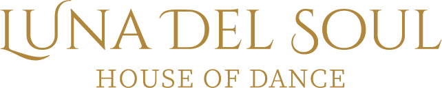 Text image with gold font that says "LUNA DEL SOUL HOUSE OF DANCE" on a dark background.