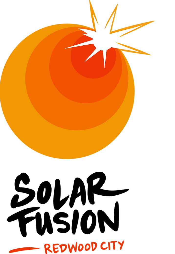 Stylized orange and red abstract design with a white burst shape at the top and black text below.