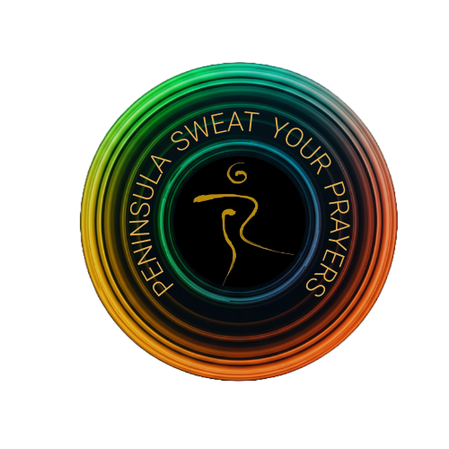 A circular logo with an inner black circle featuring a gold abstract line drawing of a mountain and a person praying. Surrounding the inner circle is a multicolored ring with the text "PENINSULA SULA SWEAT YOUR PRAYERS" in gold uppercase letters.