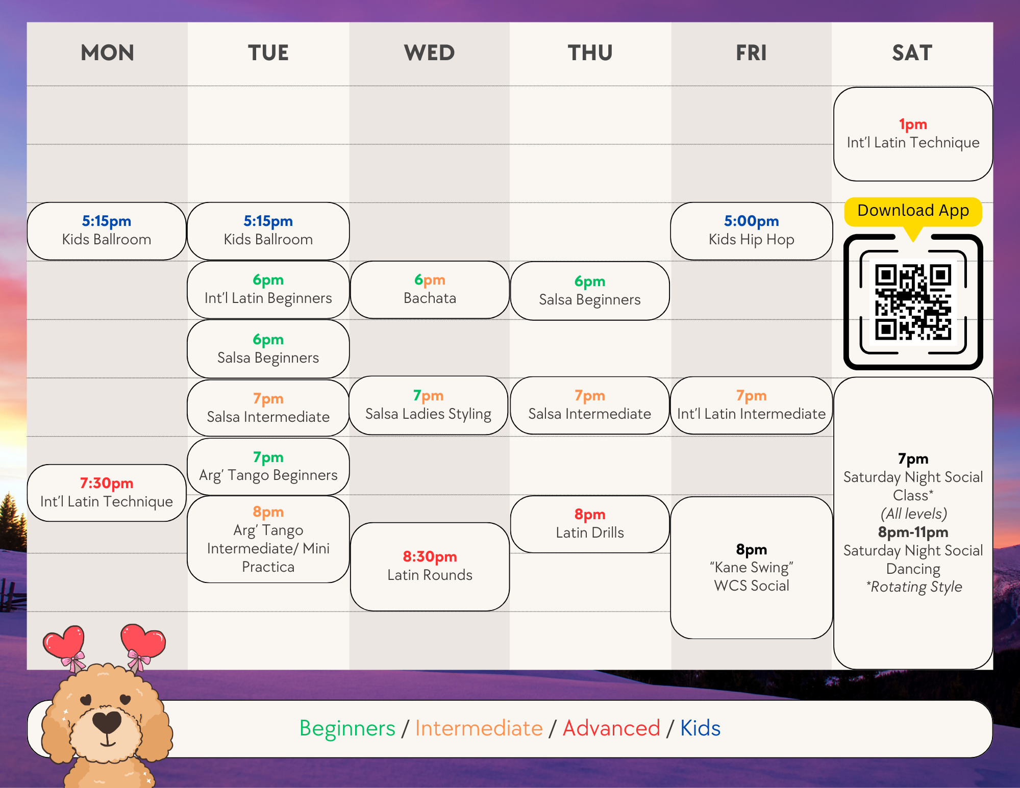 Weekly dance class schedule with classes for Kids, Beginners, Intermediate, Advanced, and All levels, organized by day and time, from Monday to Saturday, featuring various styles like Kids Ballroom, Latin, Salsa, Bachata, Argentinian Tango, Latin Drills, and social dancing events, with a QR code for app download in the top right corner.