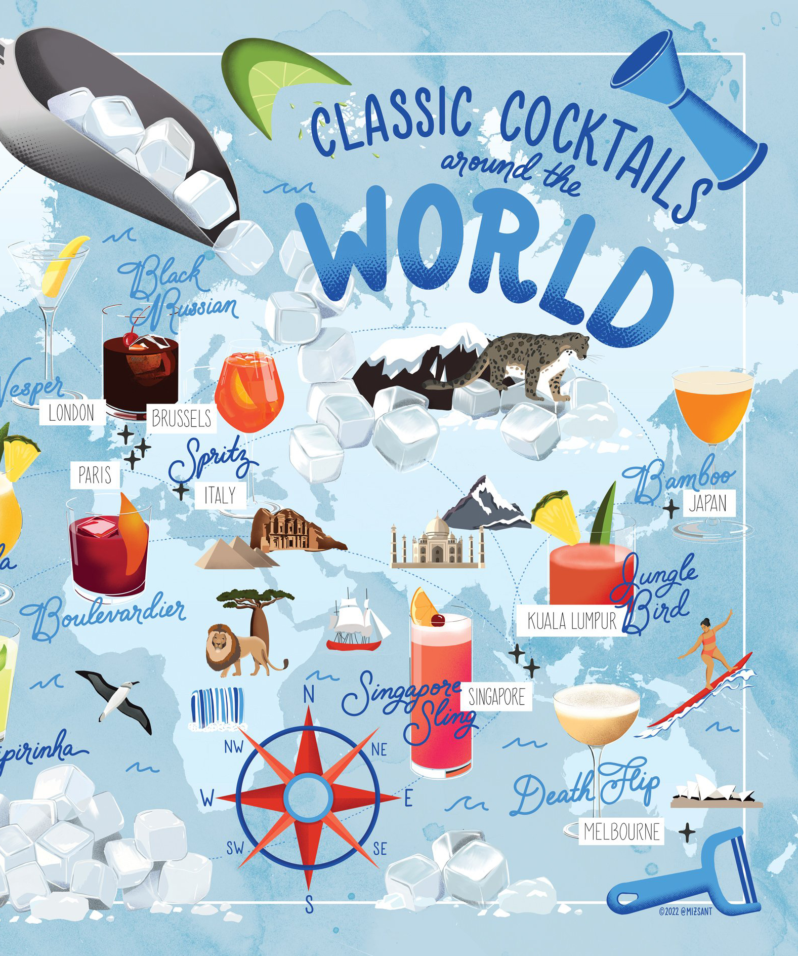 Illustrated cocktail map licensed for use on a puzzle