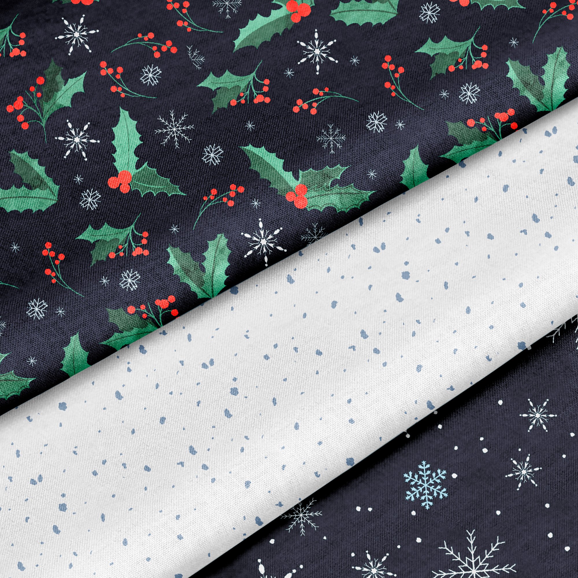 Seamless holiday pattern collection featuring holly and snow, designed for fabric, packaging, and paper goods.