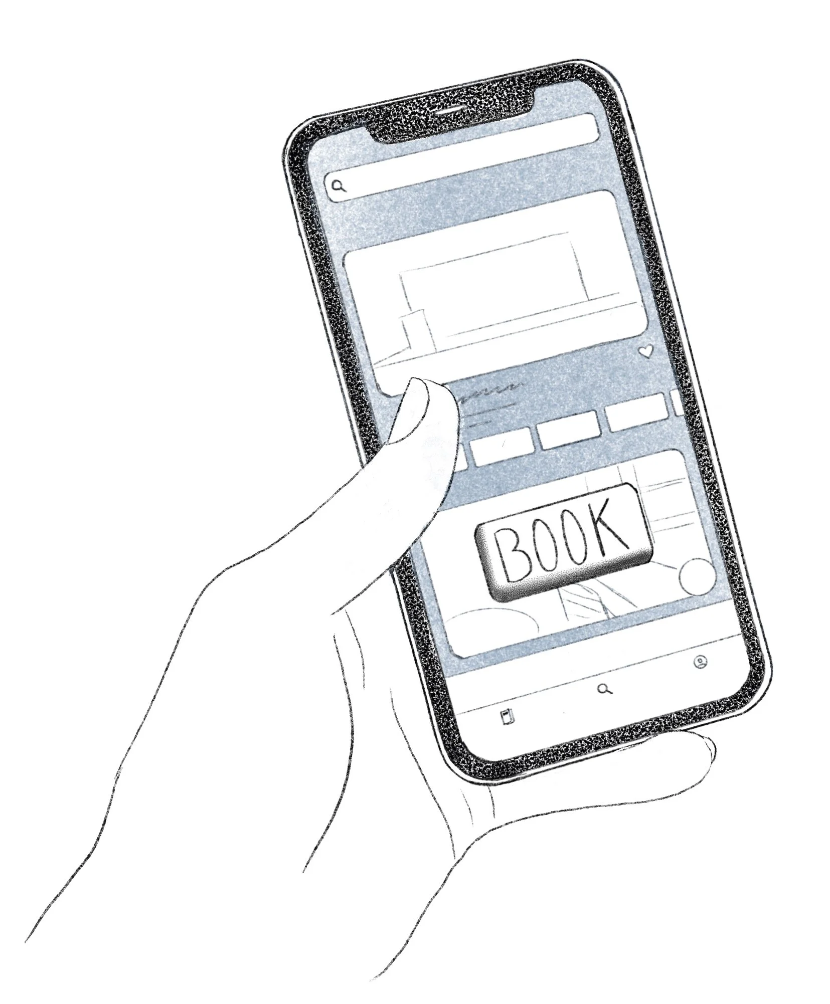 Editorial spot illustration of a hand booking a reservation on a phone, by Laura Sant