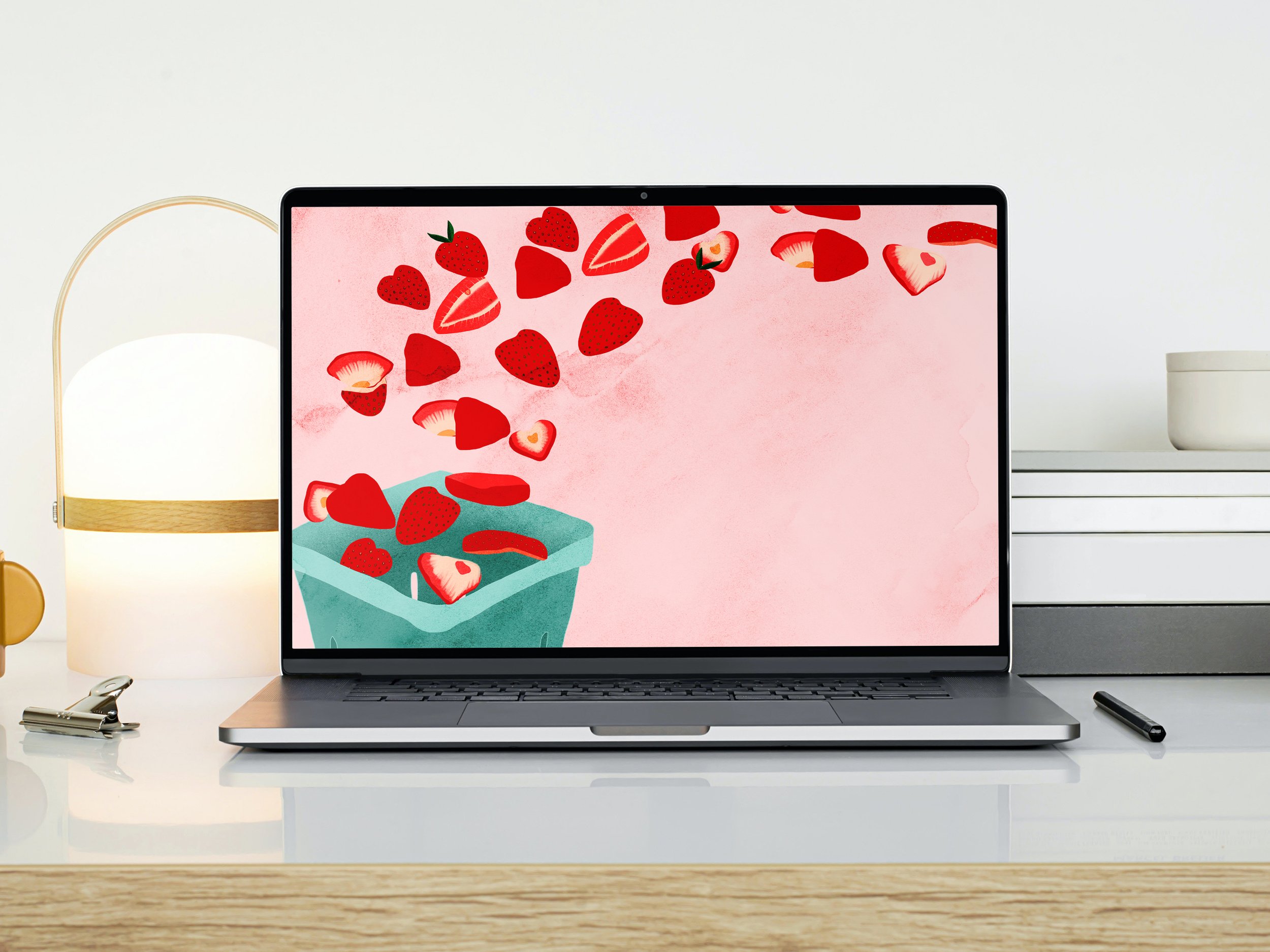 Illustrated desktop background with strawberries by Laura Sant