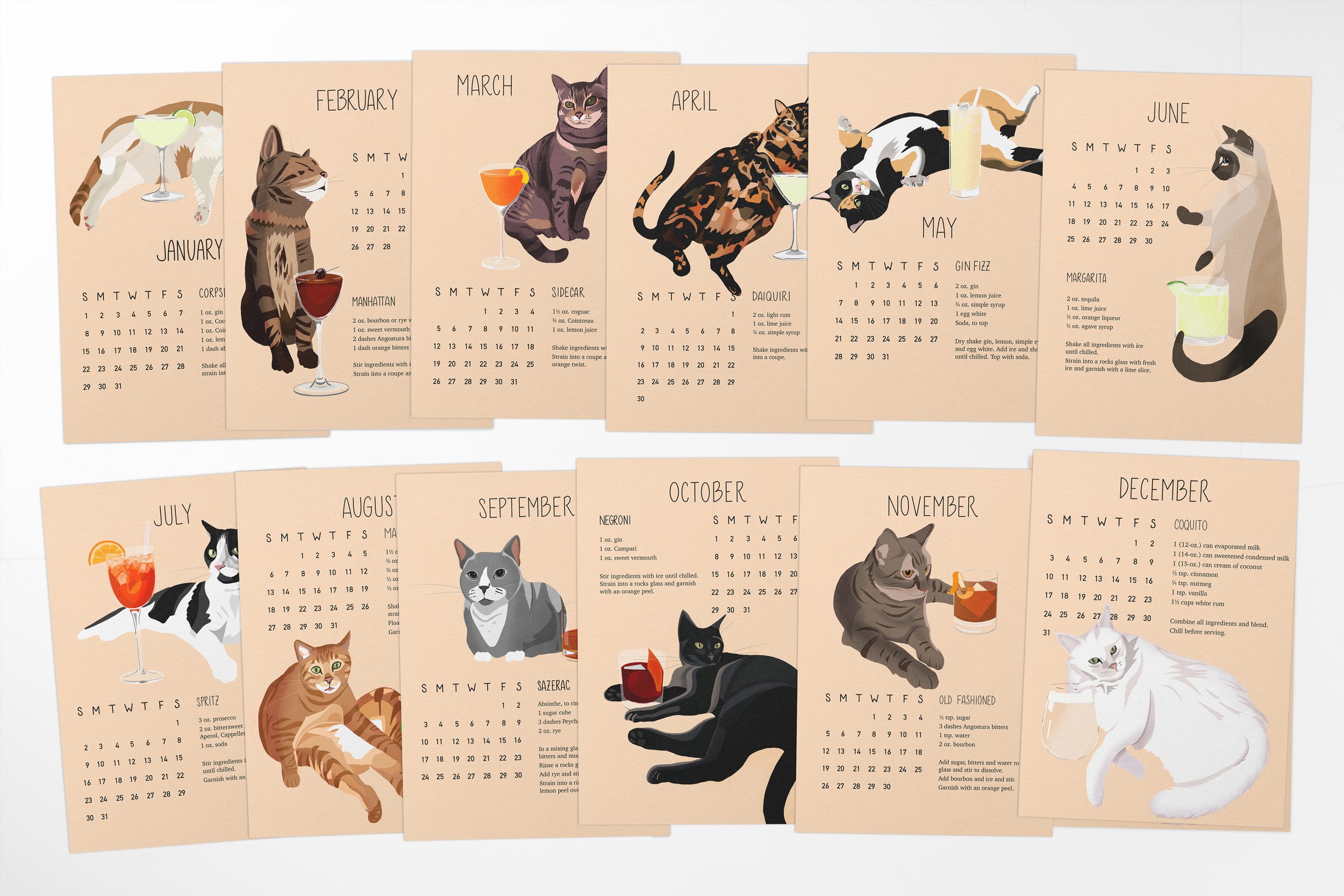 Cocktail Cats Desk Calendar - all months