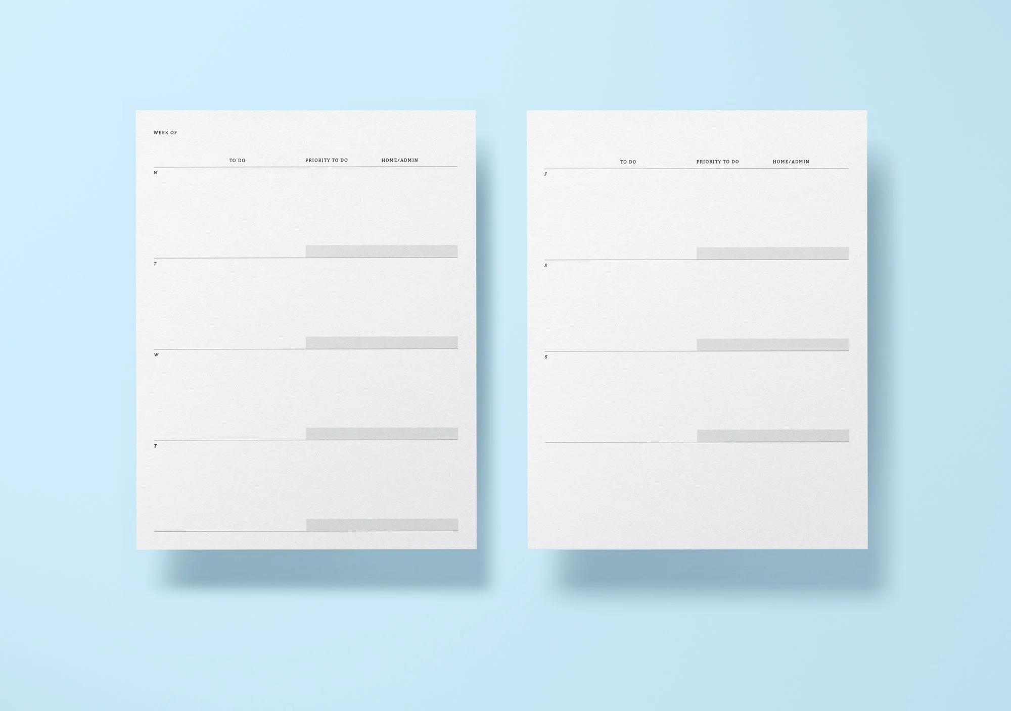 Two blank weekly planner sheets with sections for 'week of', 'to do', 'priority to do', and 'home/admin' on a light blue background.