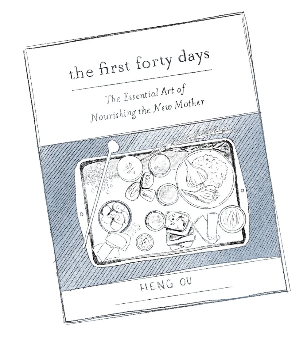 Editorial spot illustration of The First Forty Days cookbook, drawn by Laura Sant