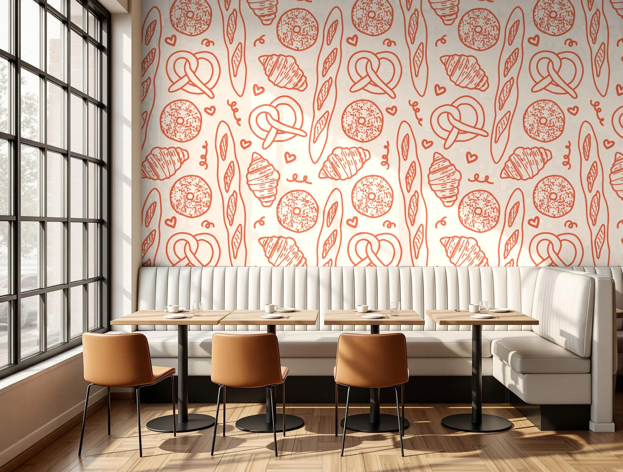 Custom illustrated pattern for a bakery concept, shown as wallpaper in a restaurant interior