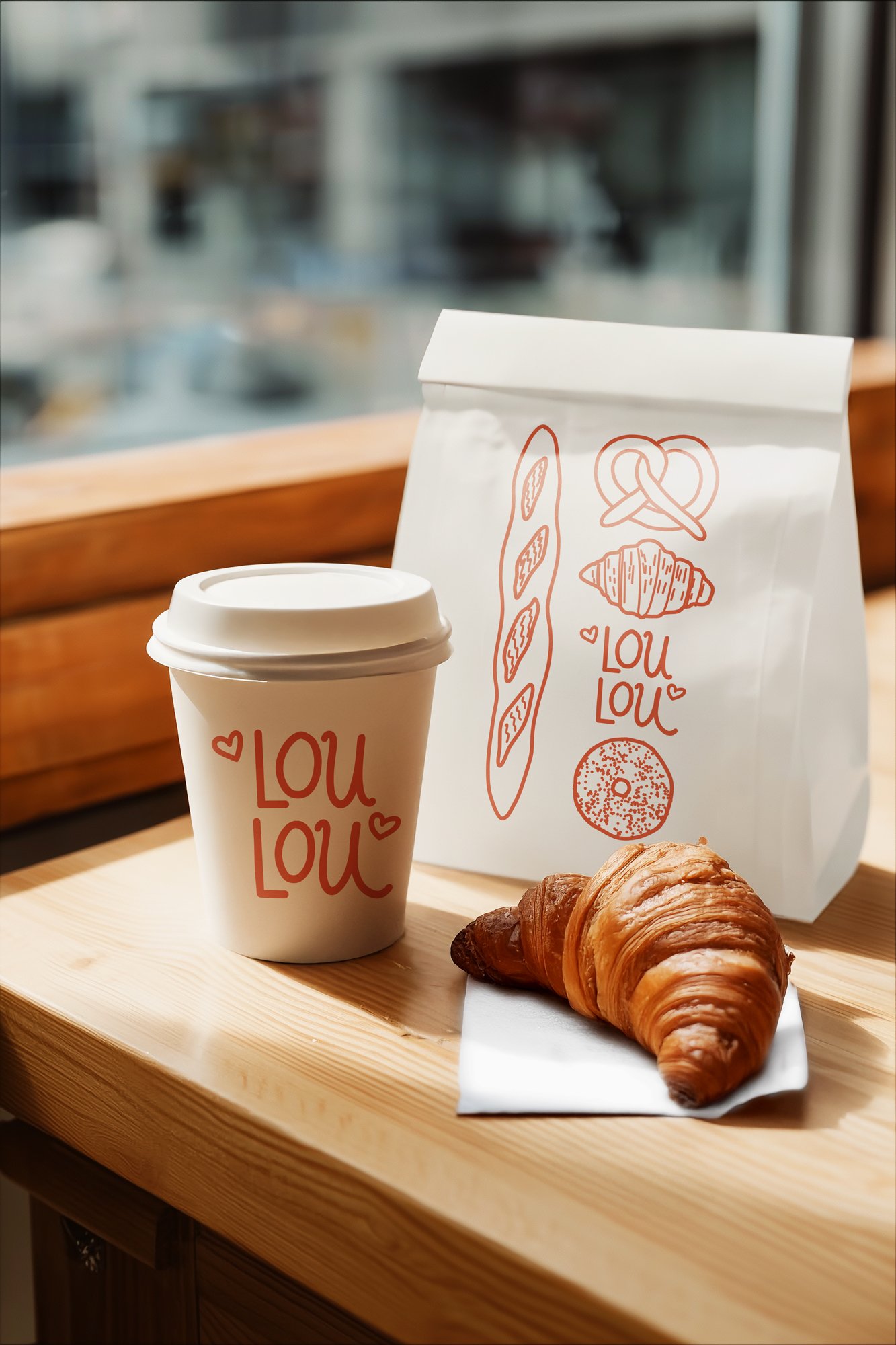 Logo and custom illustration shown on a paper coffee cup and a takeout bag