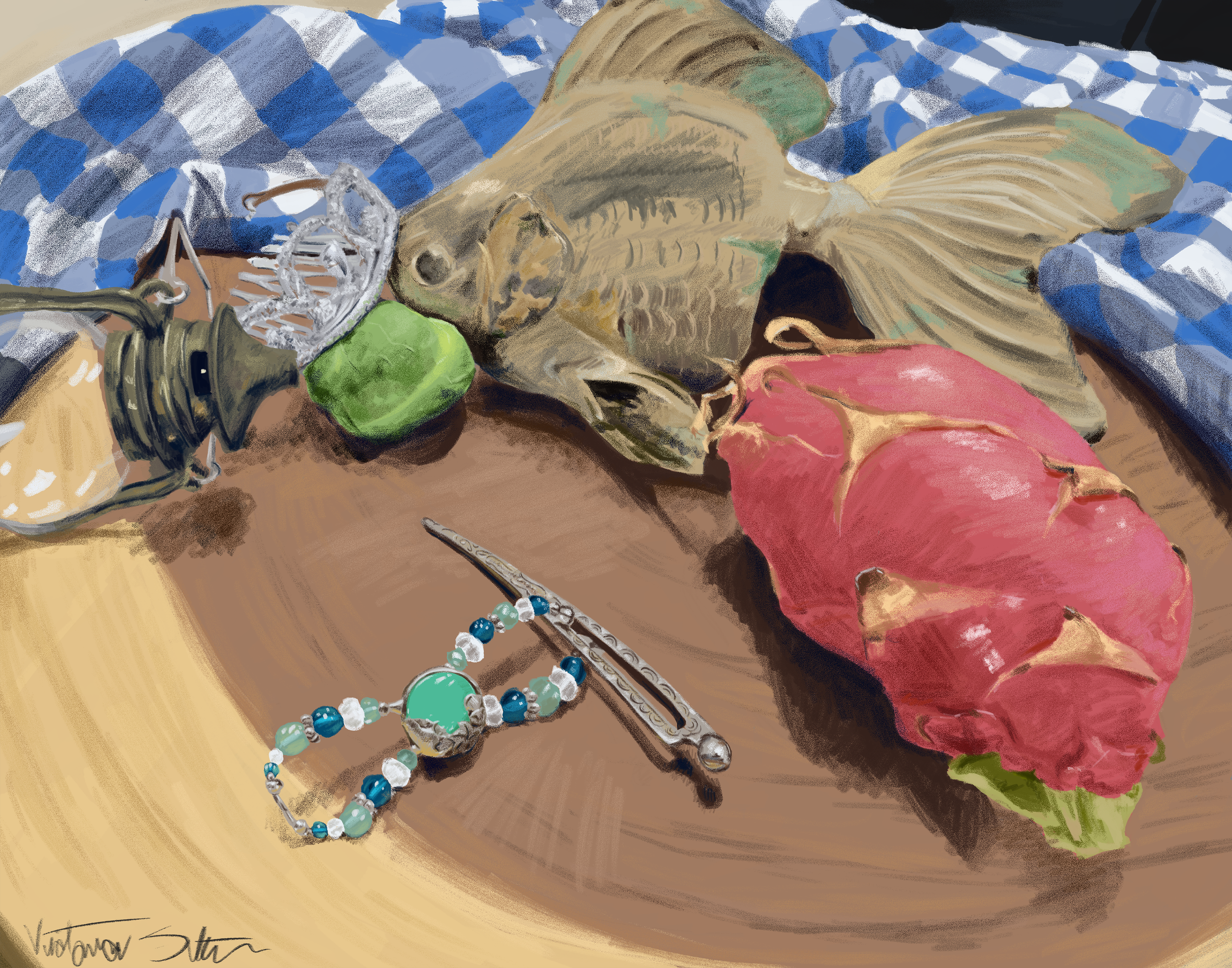 Dragon Fruit, Fish, Hair Clip, Brussel Sprout, Tiara, and Lantern Still Life