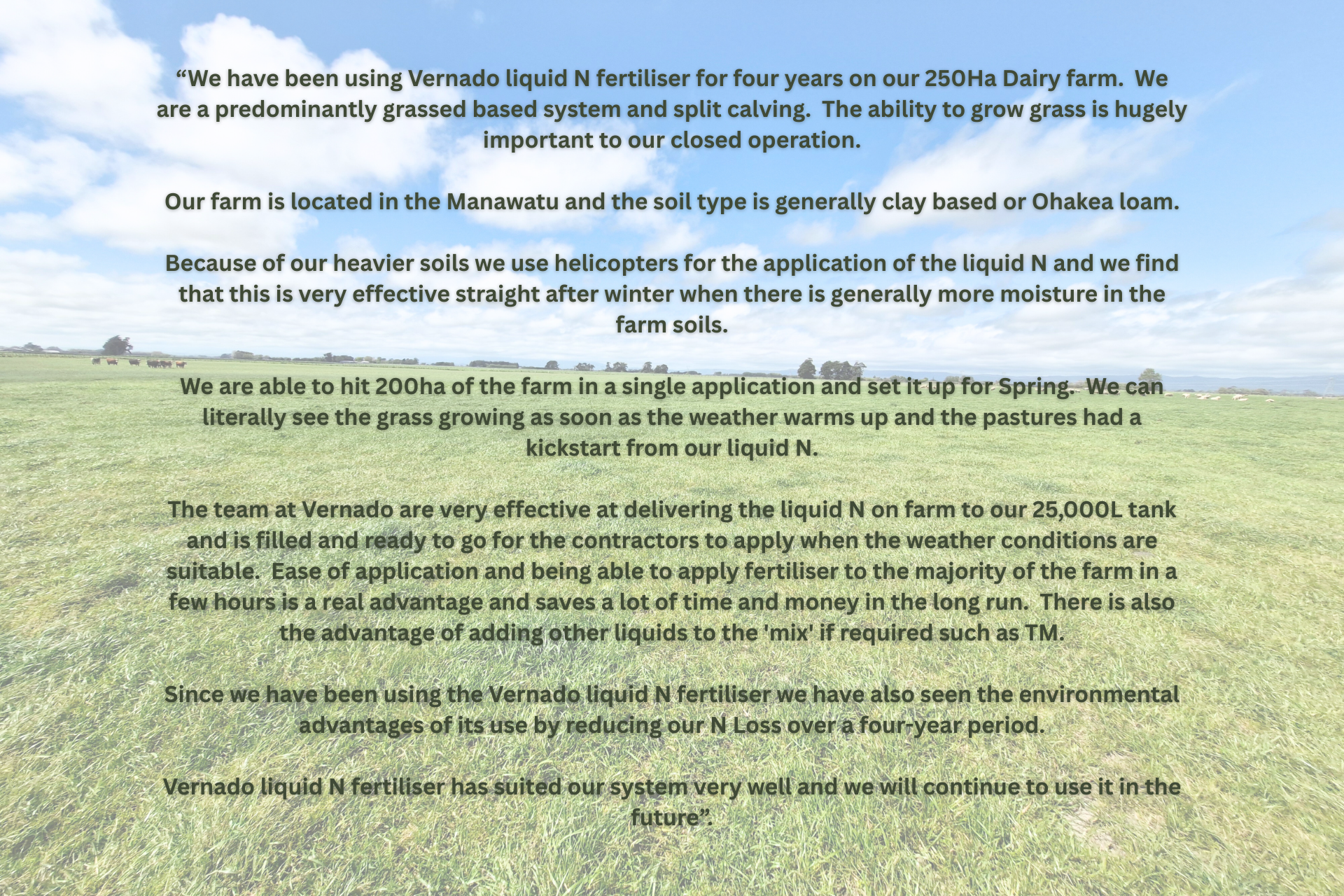 A text overlay on a green pasture with cows in the distance, explaining the use of Vernado liquid N fertilizer on a dairy farm.