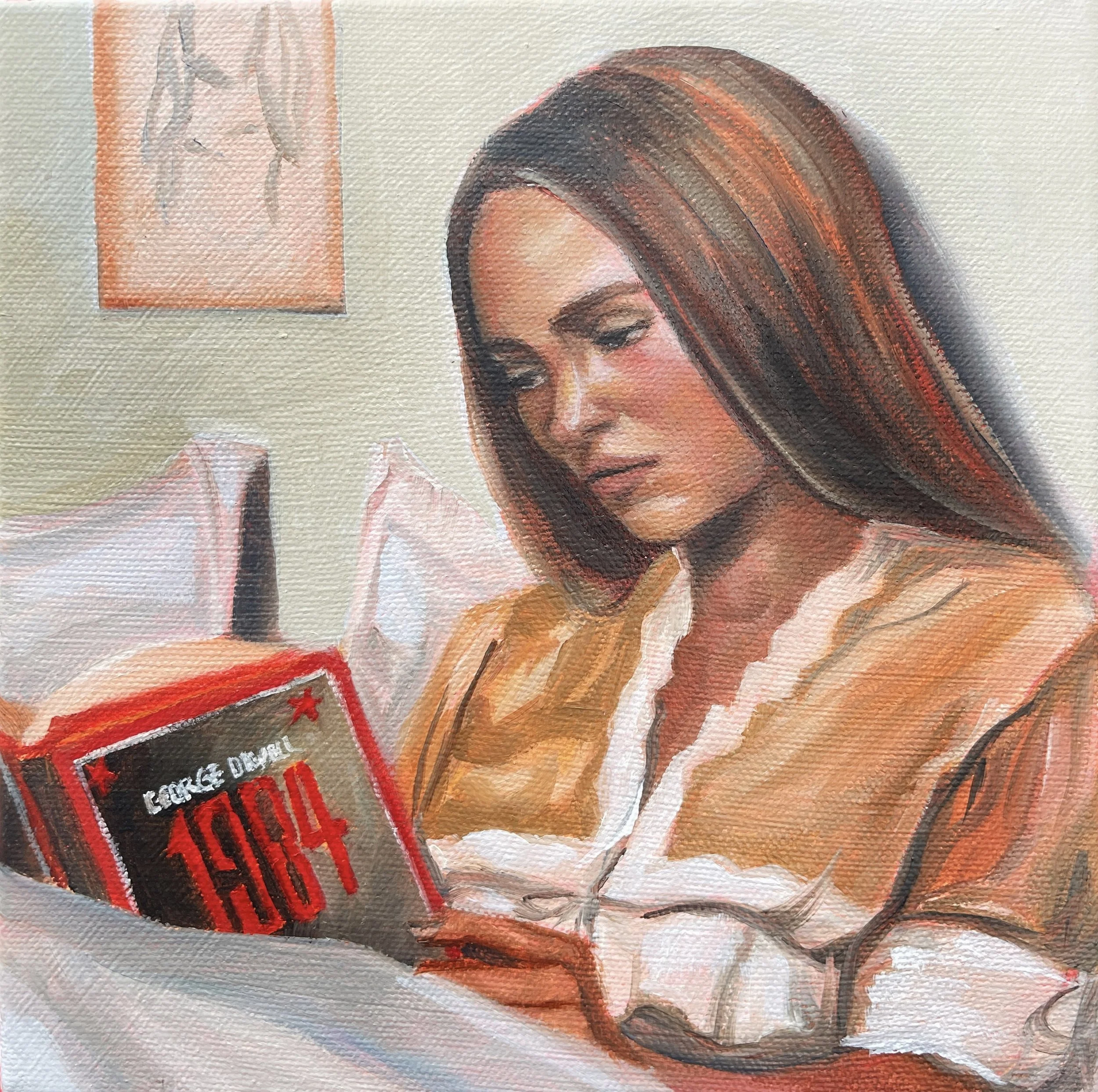 Paperback Dream. 8"x8" Acrylic and Oil on canvas, for the Mighty Minis Gallery Show at the Creative Well Arts in Virginia Beach. 2025.