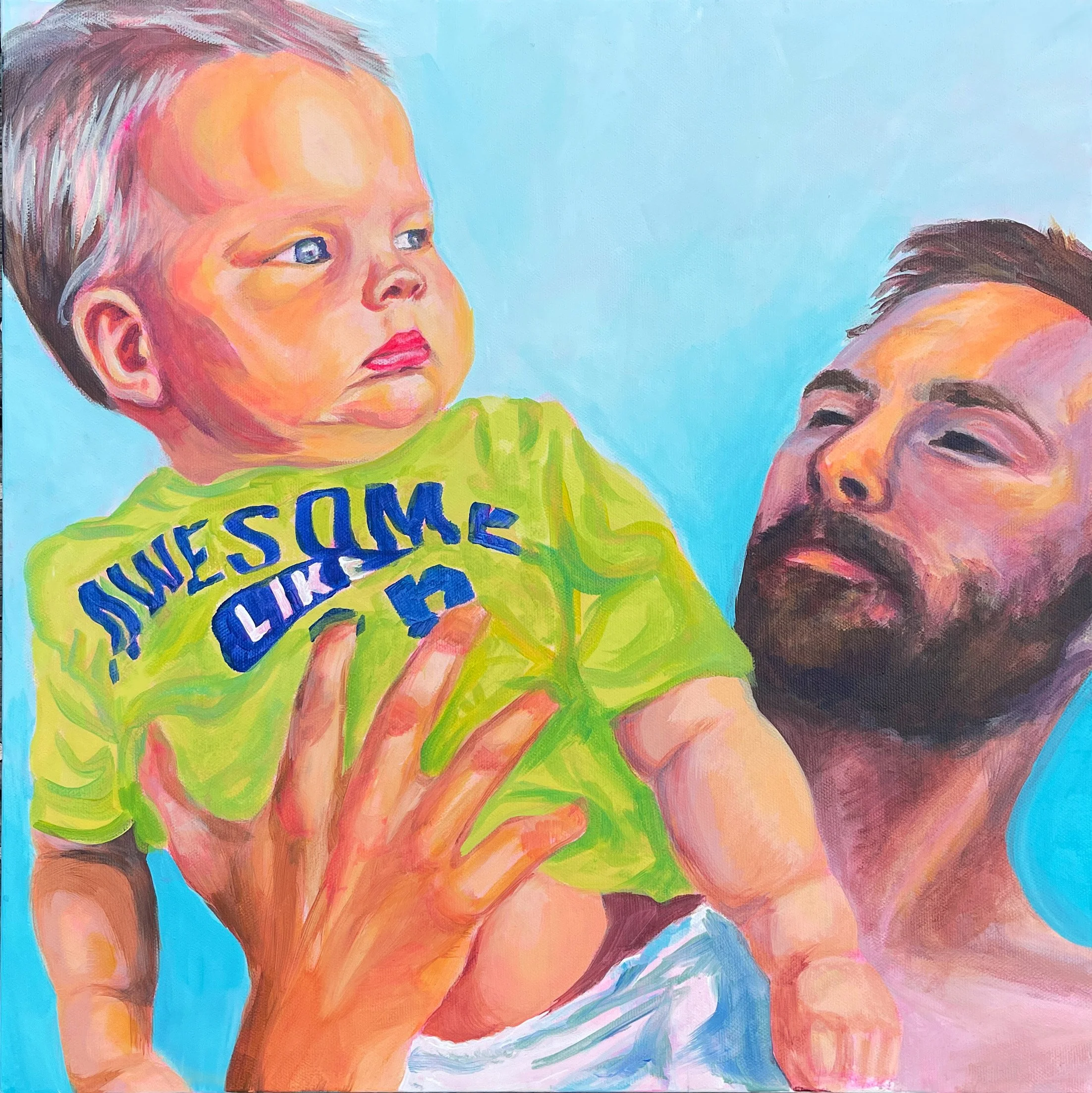 Original acrylic 16"x16", Custom portrait of father and son. 2024.