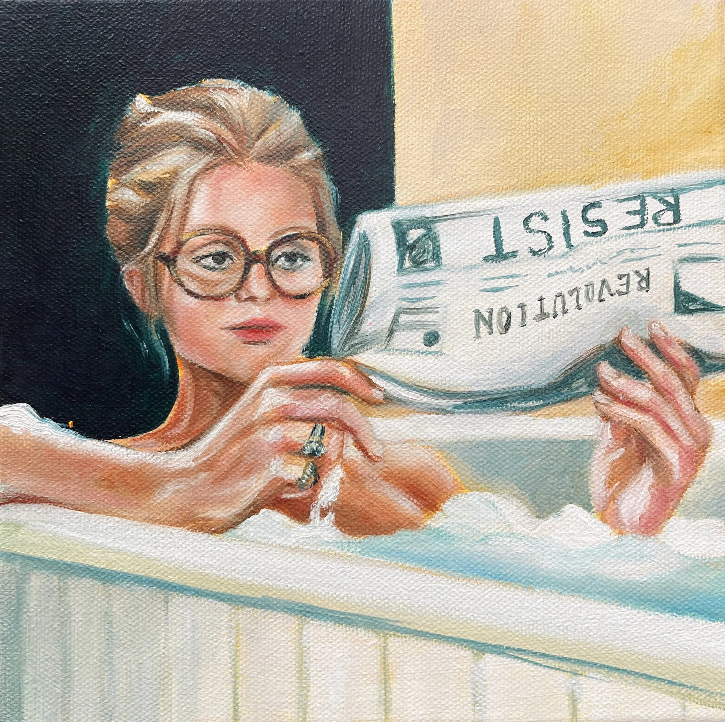 "Resistance Reader". 8"x8" Acrylic and Oil on canvas, for the Mighty Minis Gallery Show at the Creative Well Arts in Virginia Beach. 2025.